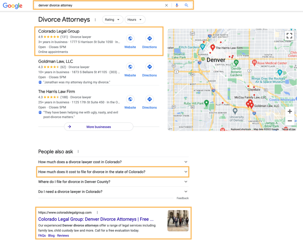 Divorce attorney SEO ranking page 1 Google